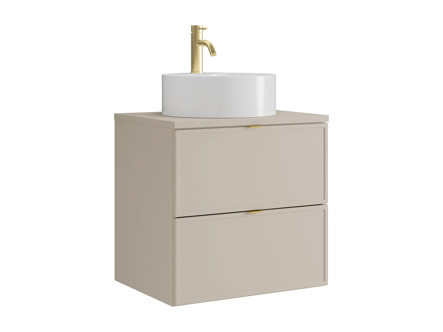 Meuble de salle de bain suspendu avec vasque à poser ronde et robinet - Beige - 60 cm - ONDIL