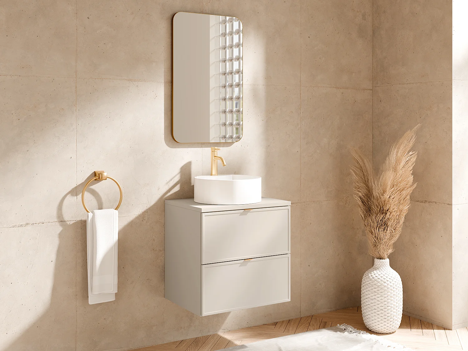 Meuble de salle de bain suspendu avec vasque à poser ronde, robinet et miroir - Beige - 60 cm - ONDIL