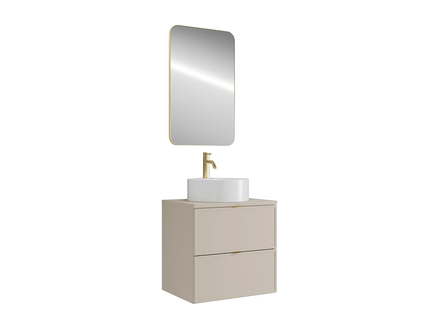 Meuble de salle de bain suspendu avec vasque à poser ronde, robinet et miroir - Beige - 60 cm - ONDIL