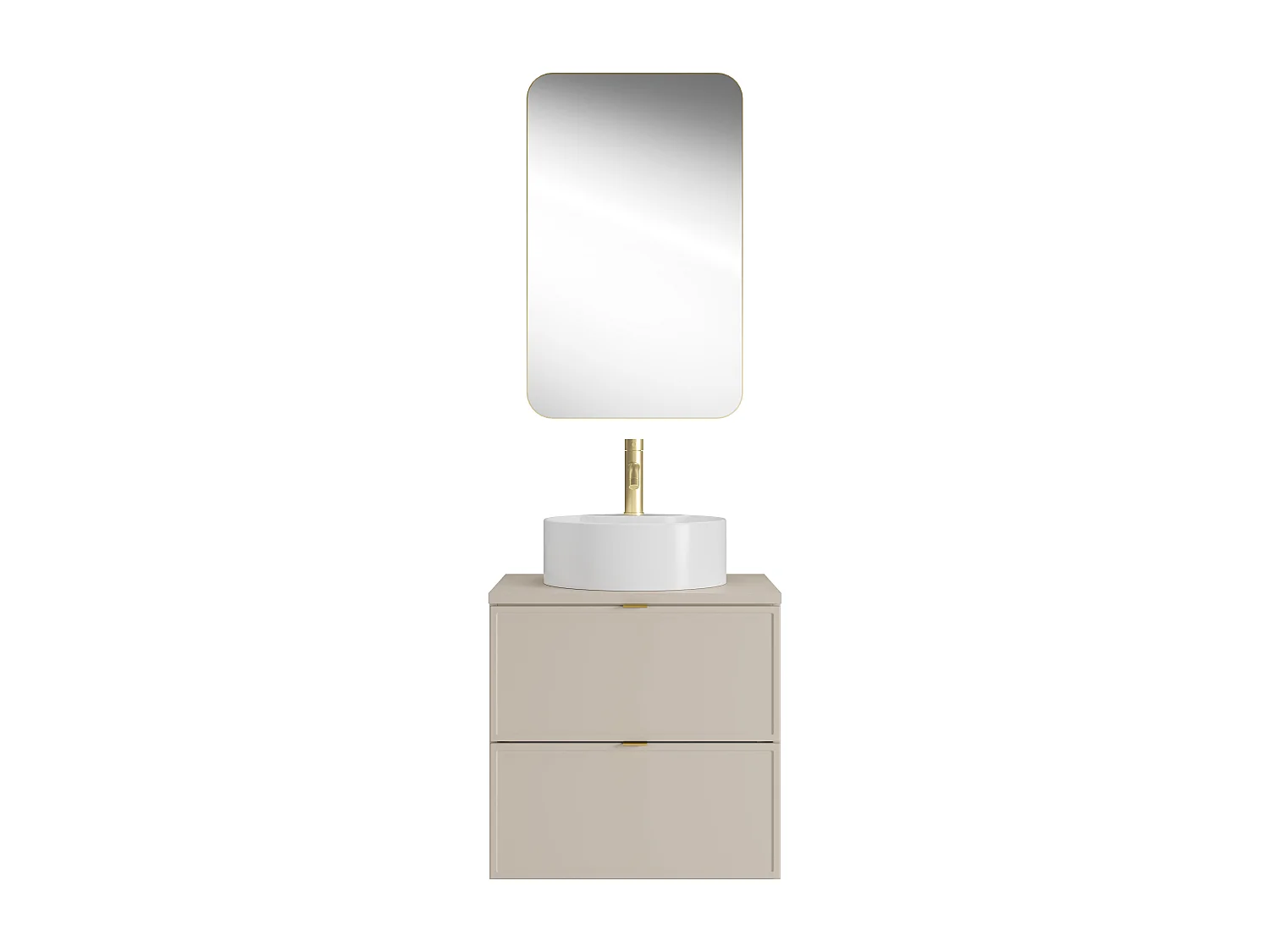 Meuble de salle de bain suspendu avec vasque à poser ronde, robinet et miroir - Beige - 60 cm - ONDIL