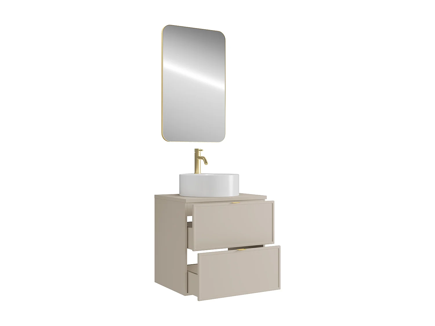 Meuble de salle de bain suspendu avec vasque à poser ronde, robinet et miroir - Beige - 60 cm - ONDIL
