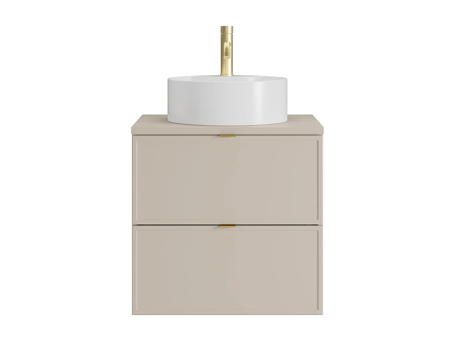 Meuble de salle de bain suspendu avec vasque à poser ronde, robinet et miroir - Beige - 60 cm - ONDIL