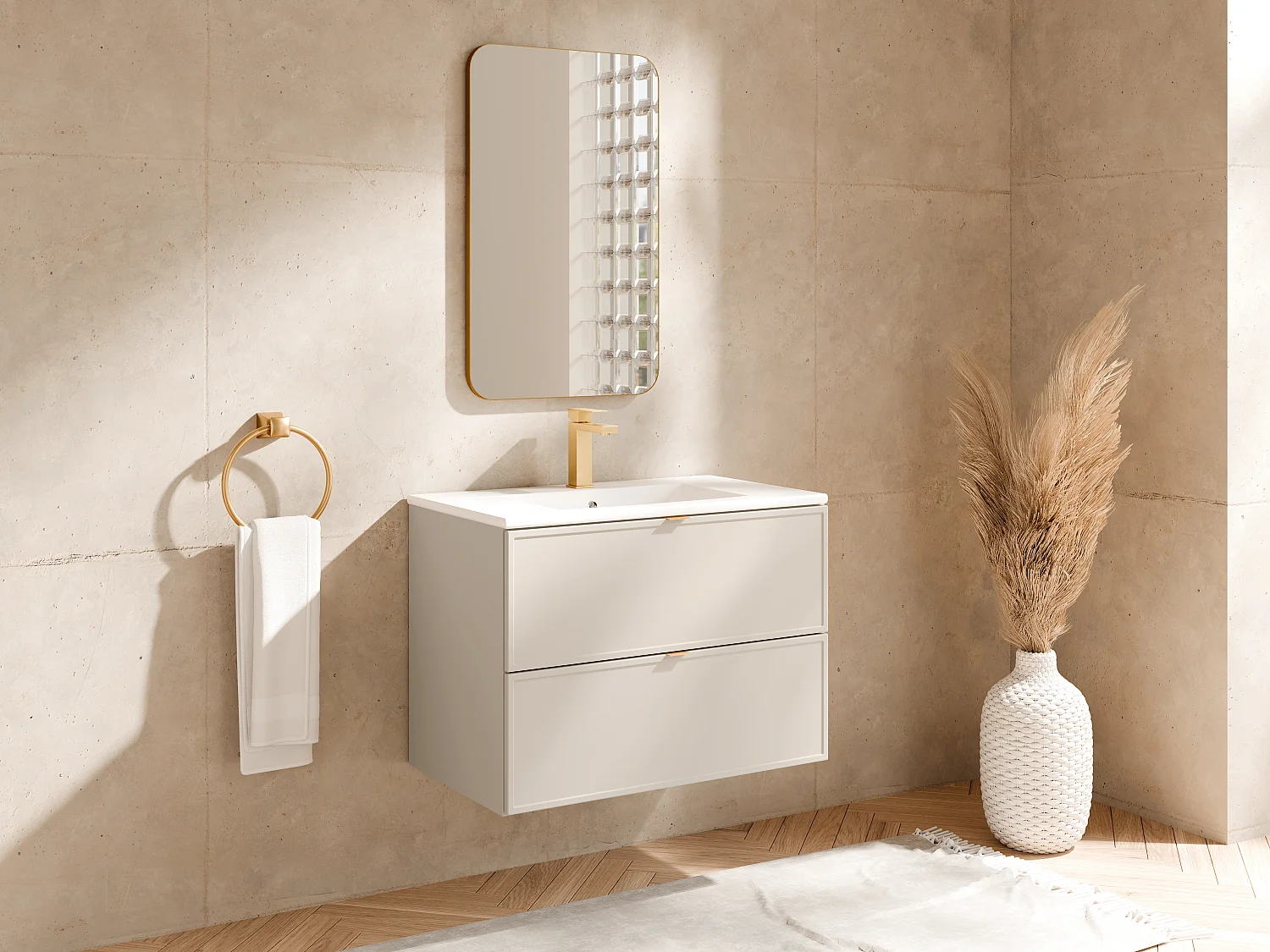 Meuble de salle de bain suspendu avec vasque à encastrer et robinet - Beige - 80 cm - ONDIL