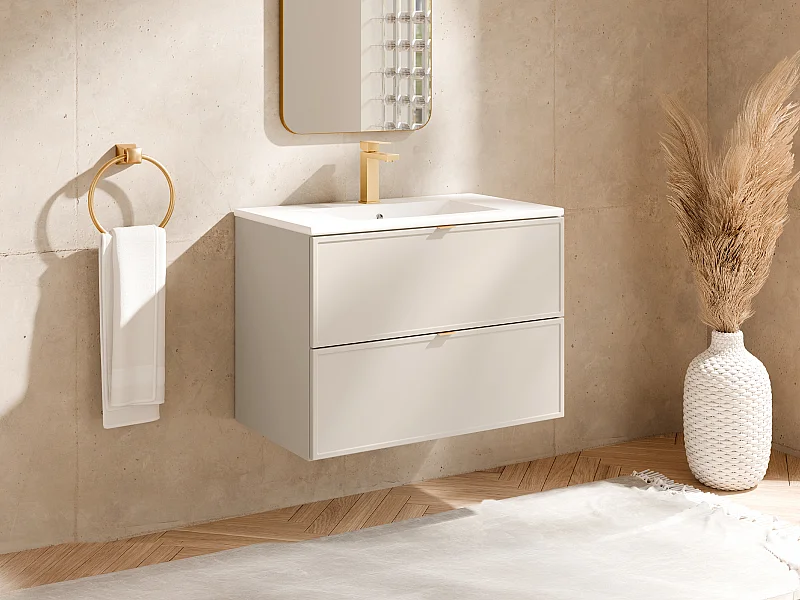 Hängender Badezimmer-Unterschrank mit Einbau-Waschbecken und Armatur – Beige – B80 cm – ONDIL