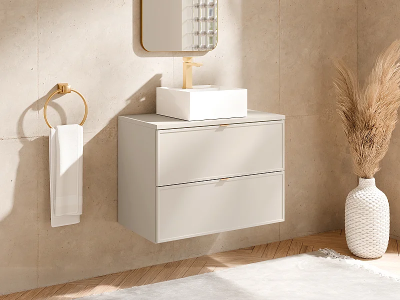 Hängender Badezimmer-Unterschrank mit Aufsatz-Waschbecken quadratisch und Armatur – Beige – B80 cm – ONDIL