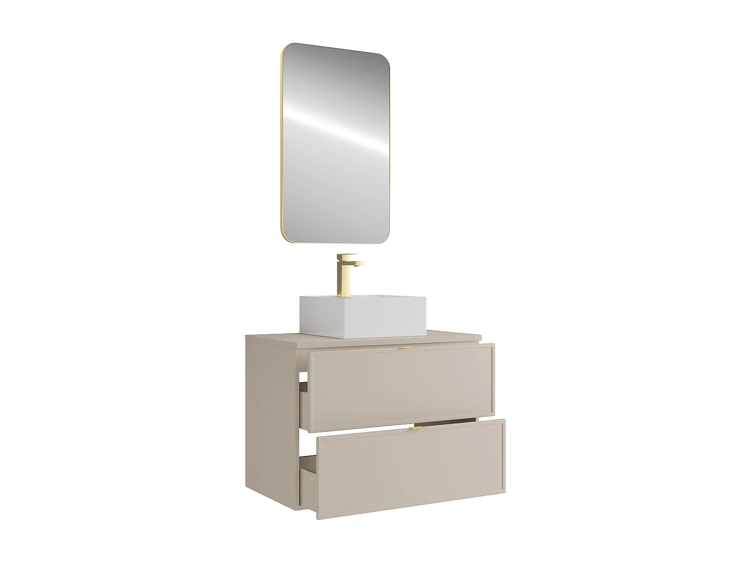 Meuble de salle de bain suspendu avec vasque à poser carrée, robinet et miroir - Beige - 80 cm - ONDIL