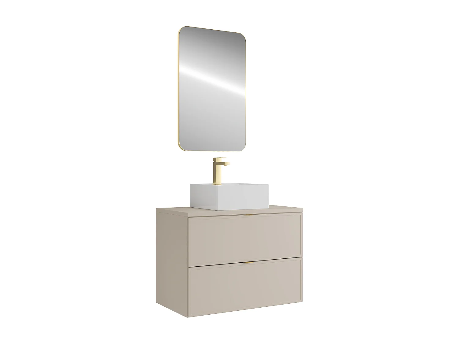 Meuble de salle de bain suspendu avec vasque à poser carrée, robinet et miroir - Beige - 80 cm - ONDIL