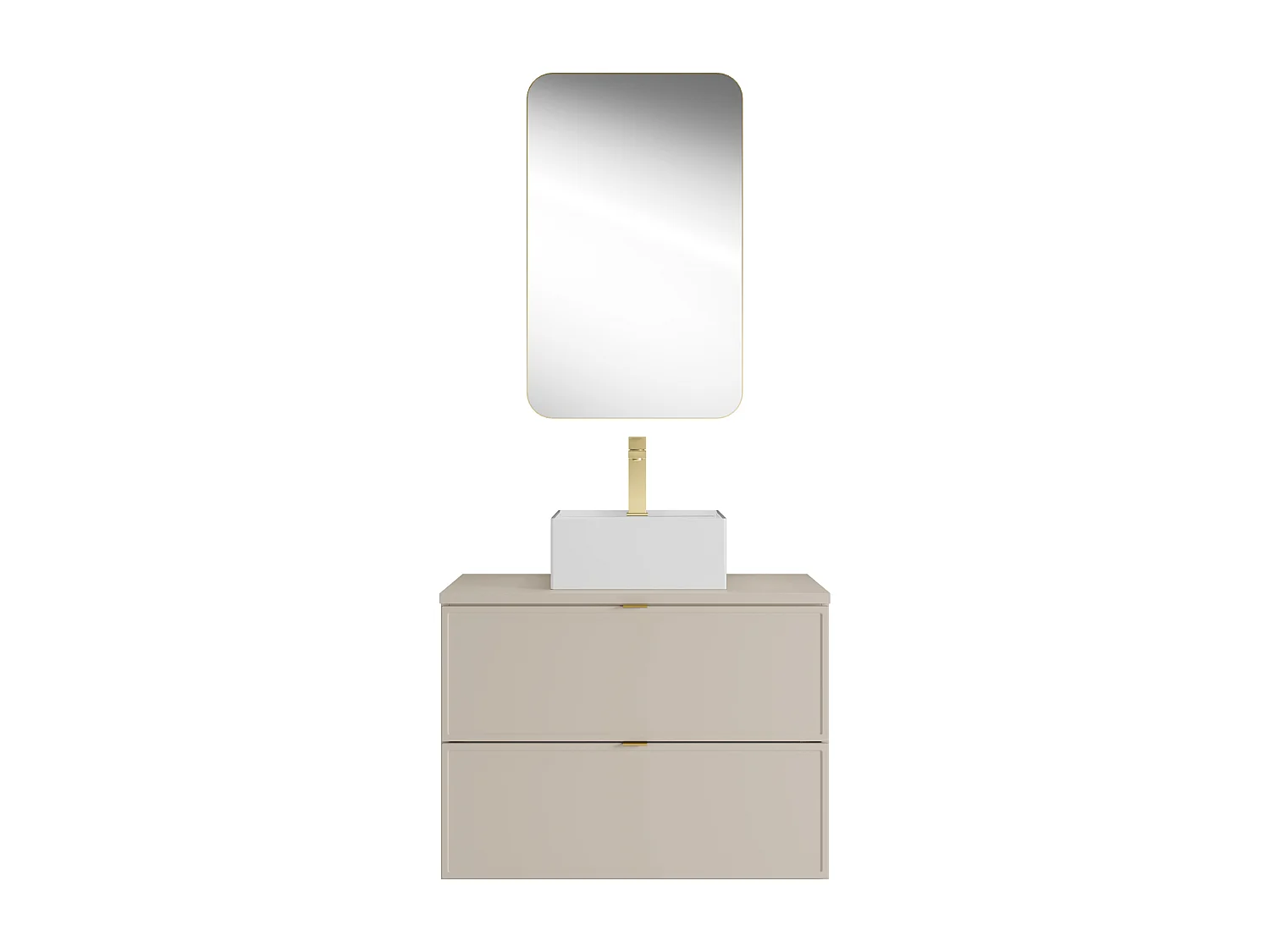 Meuble de salle de bain suspendu avec vasque à poser carrée, robinet et miroir - Beige - 80 cm - ONDIL