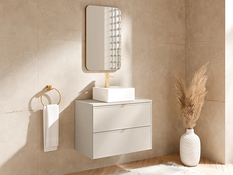 Hängender Badezimmer-Unterschrank mit Aufsatz-Waschbecken quadratisch, Armatur und Spiegel – Beige – B80 cm – ONDIL