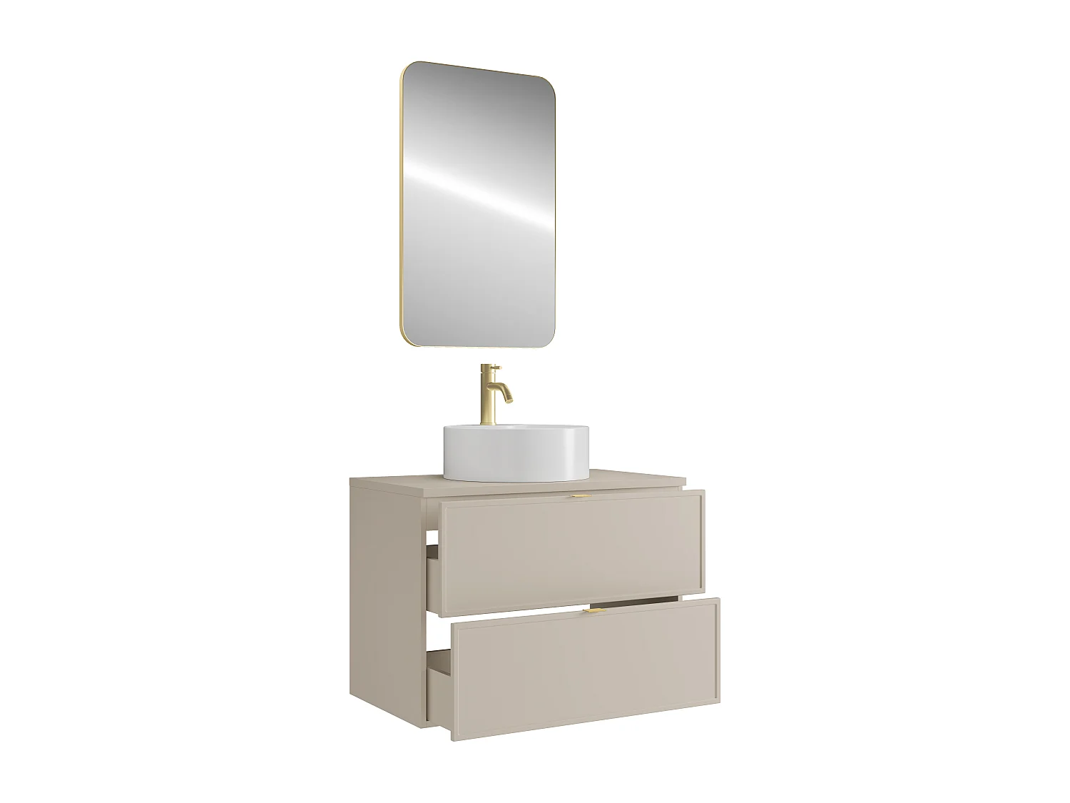 Meuble de salle de bain suspendu avec vasque à poser ronde, robinet et miroir - Beige - 80 cm - ONDIL