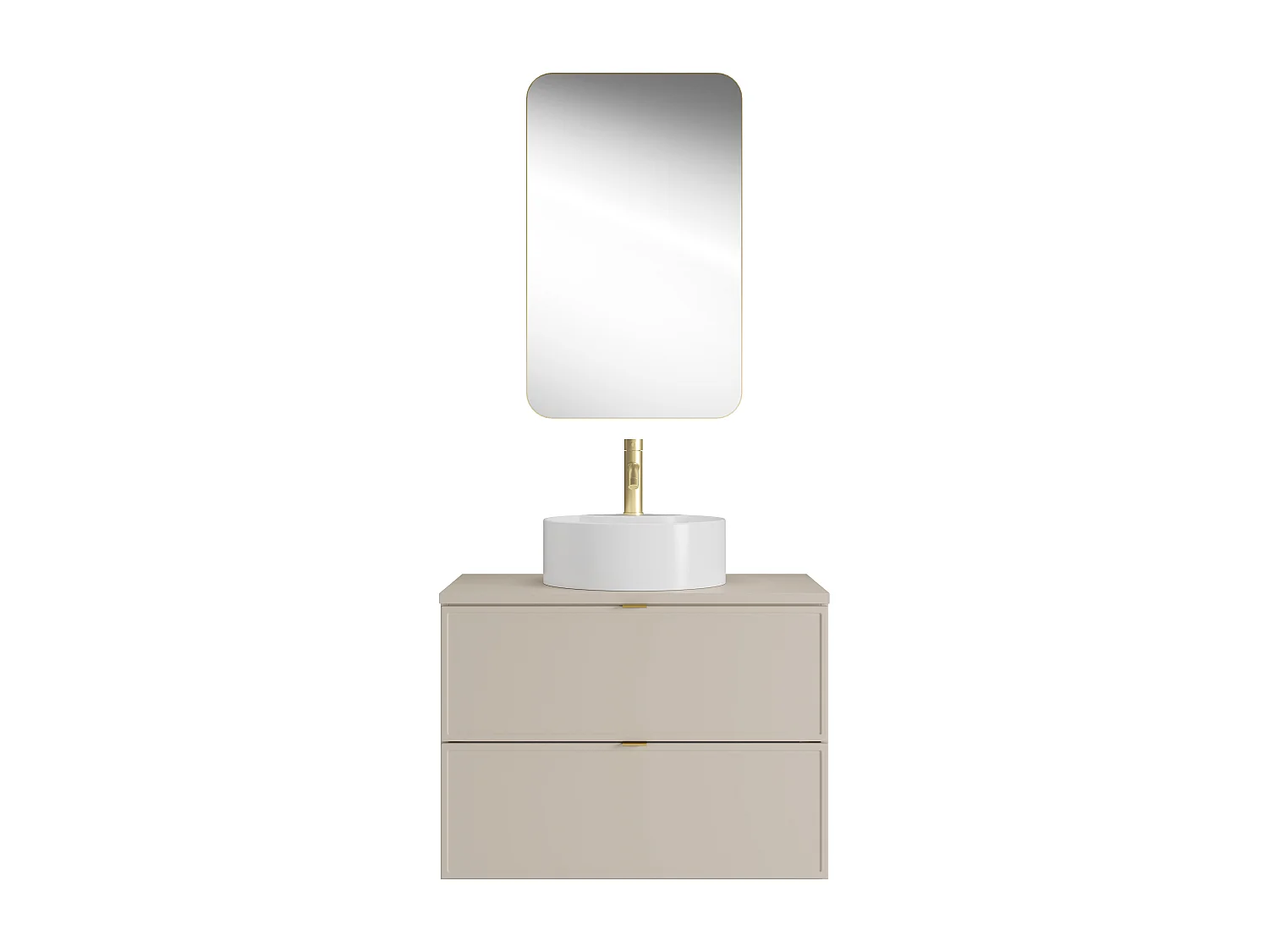 Meuble de salle de bain suspendu avec vasque à poser ronde, robinet et miroir - Beige - 80 cm - ONDIL