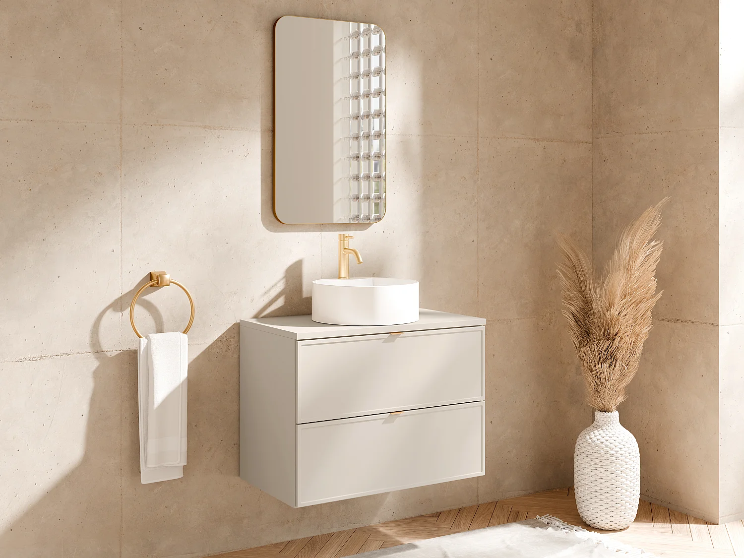Meuble de salle de bain suspendu avec vasque à poser ronde - Beige - 80 cm - ONDIL