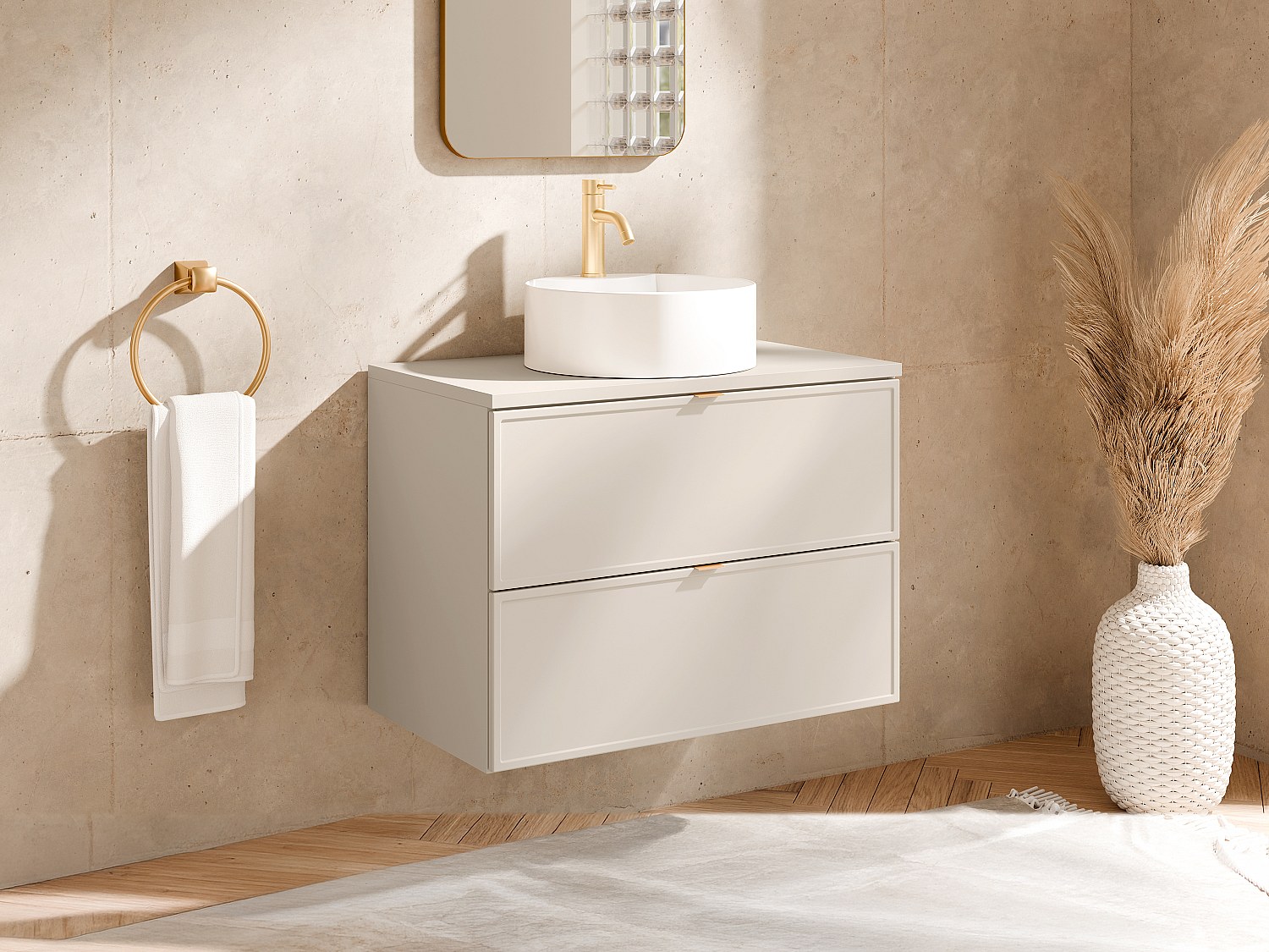Hengende baderomsmøbel med servant til å plassere på toppen, rund - Beige - 80 cm - ONDIL