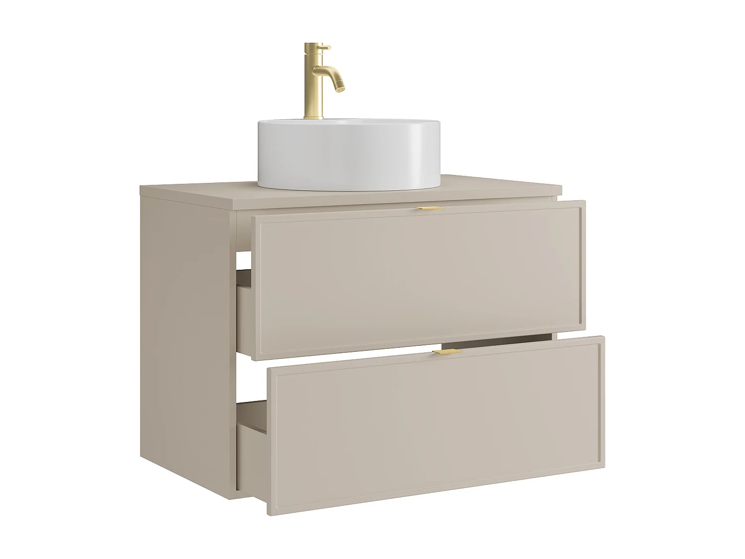 Meuble de salle de bain suspendu avec vasque à poser ronde et robinet - Beige - 80 cm - ONDIL