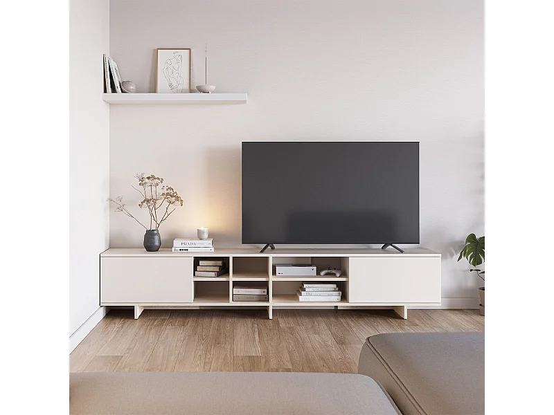 Meuble TV 2 portes beige et décor chêne clair 230 cm - Alicia