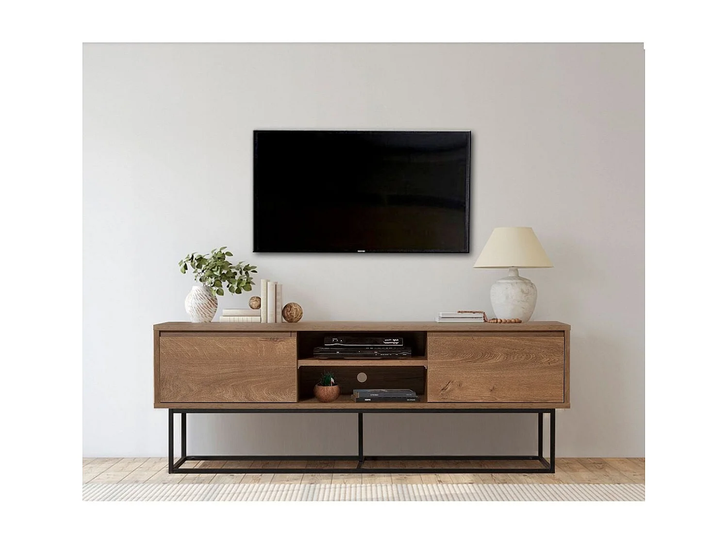 Meuble TV 2 tiroirs 2 niches effet noyer 140 cm - Nerio