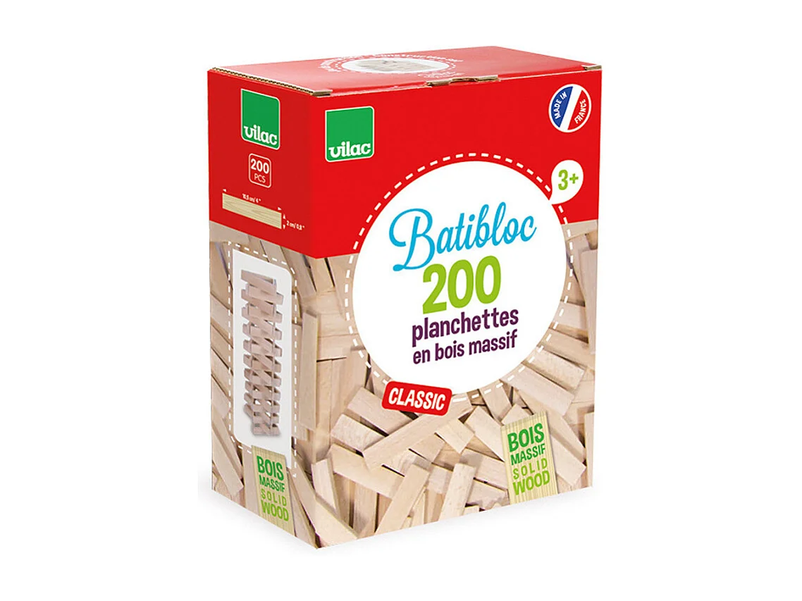 Zestaw konstrukcyjny Batibloc Classic 200 elementów z litego, ekologicznego drewna – Produkcja francuska, modele w zestawie