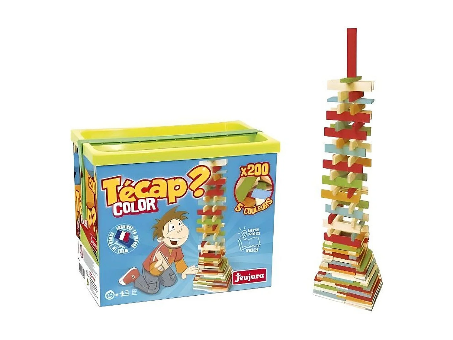 Juego de construcción en madera natural y teñida Técap Color 200 piezas – equilibrio y creatividad, barril multicolor verde y naranja