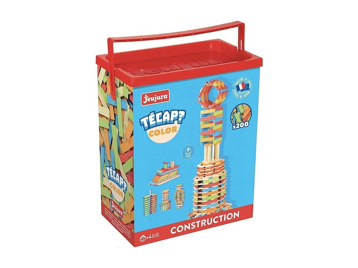 Juego de construcción en madera natural y teñida Técap Color 200 piezas – equilibrio y creatividad, barril multicolor verde y naranja
