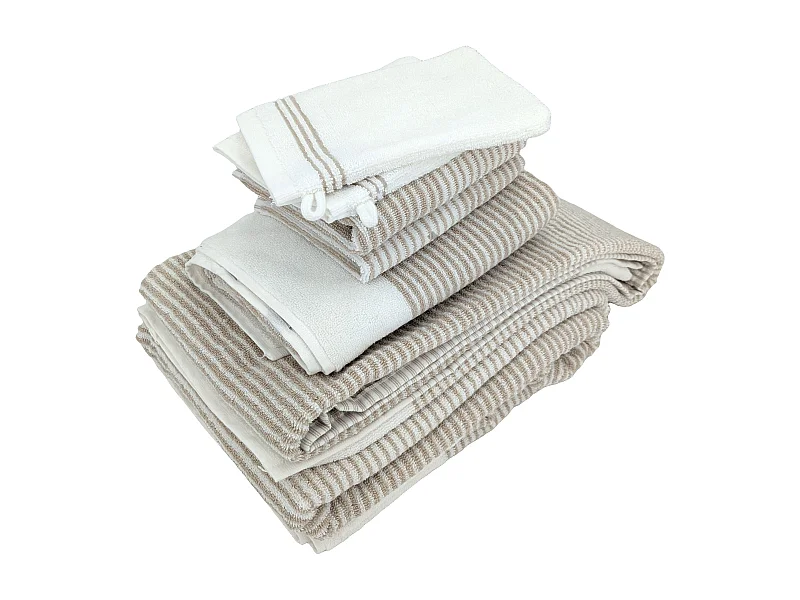 Parure de bain 7 pièces collection HORIZON pur coton à rayures beige