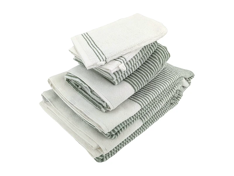 Parure de bain 7 pièces collection HORIZON pur coton à rayures vert