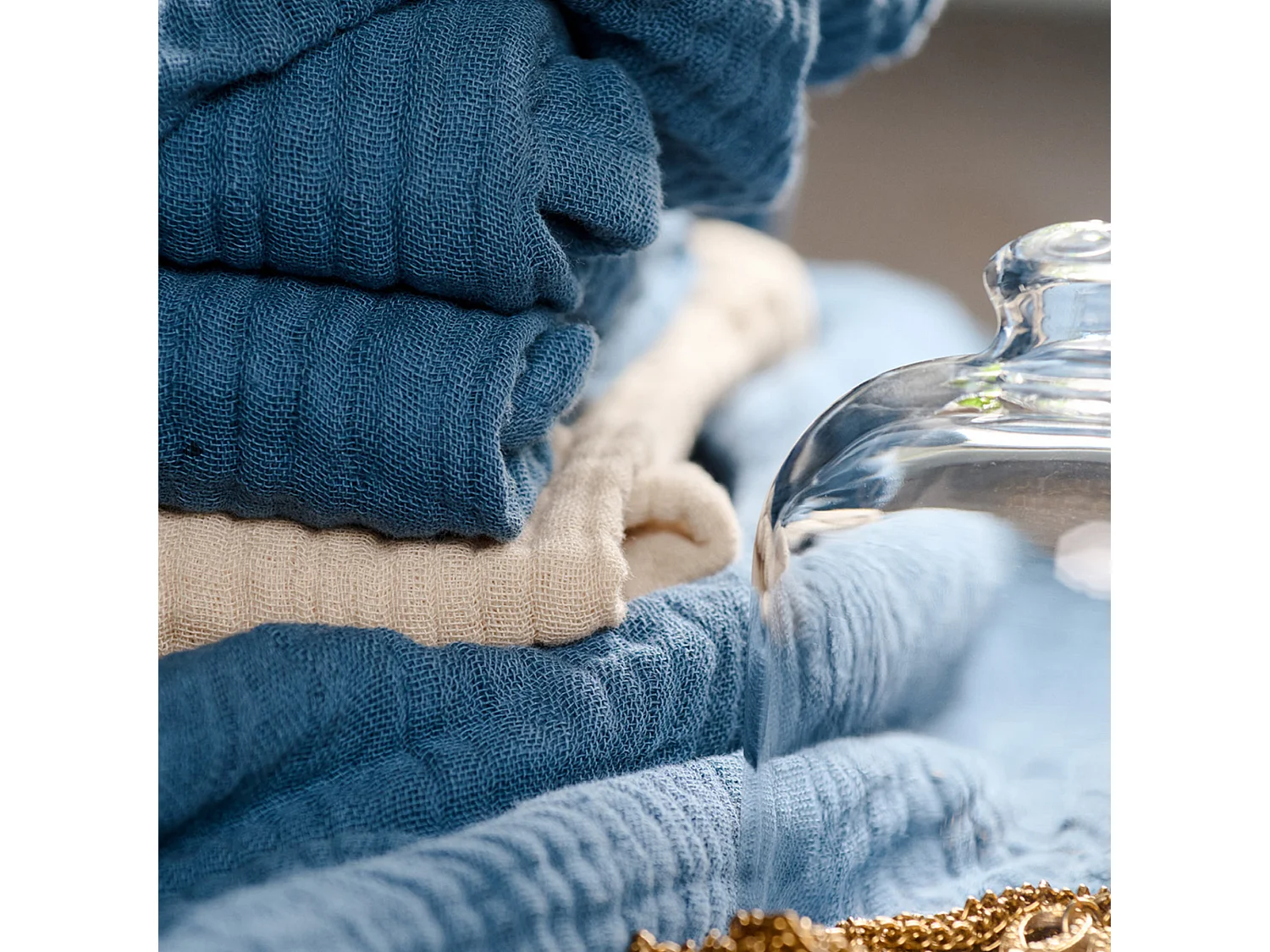 Drap de douche 70x130 et serviette 50x90 KEA mousseline de coton bleu