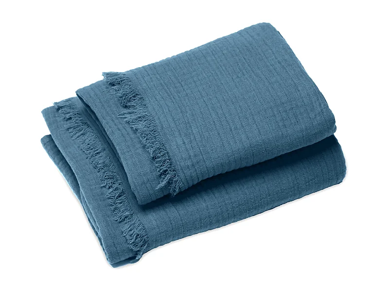Drap de douche 70x130 et serviette 50x90 KEA mousseline de coton bleu