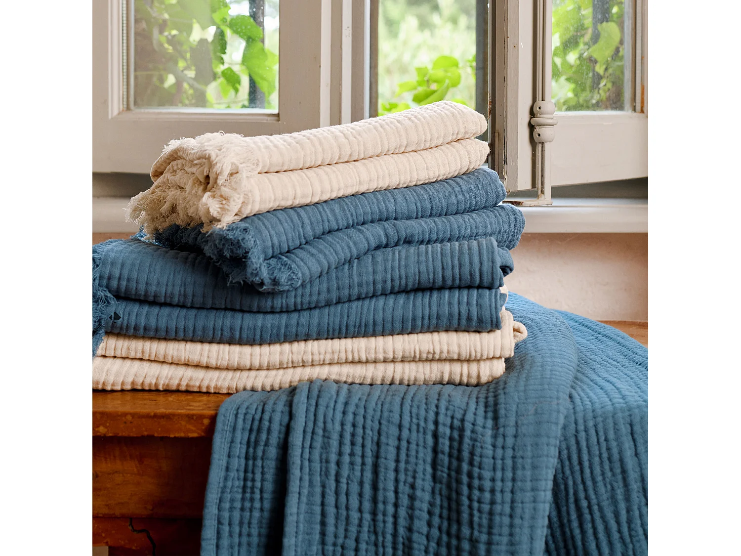 Drap de douche 70x130 et serviette 50x90 KEA mousseline de coton camel