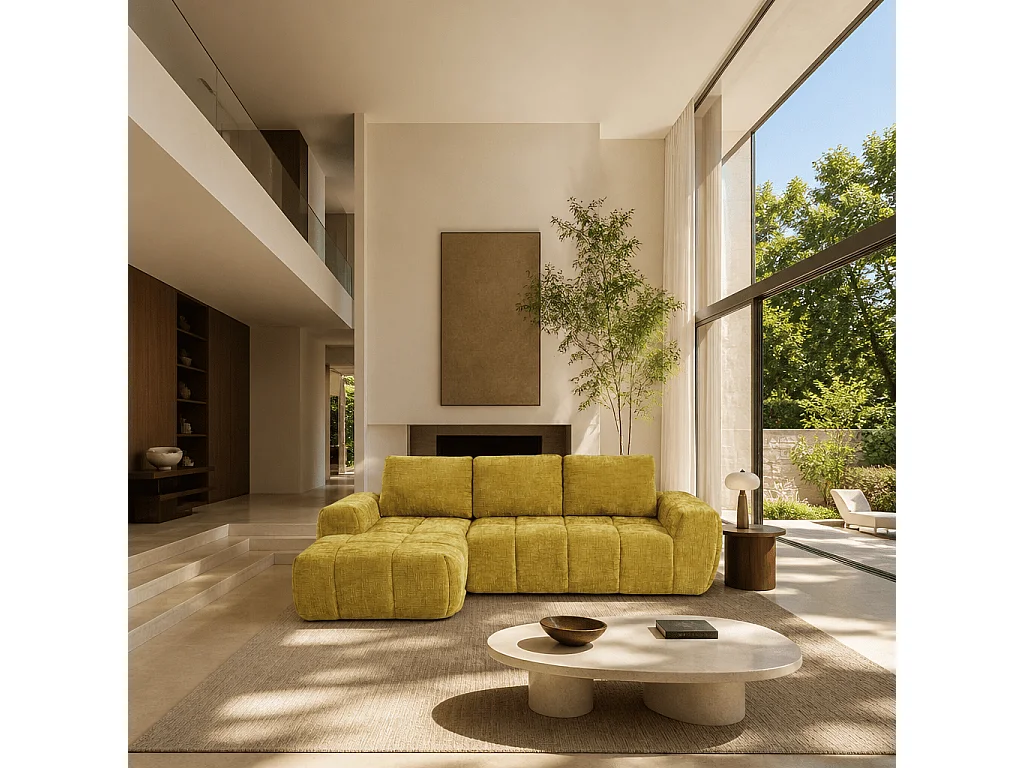 Canapé d'angle 4 places en tissu jaune moutarde ZELYS