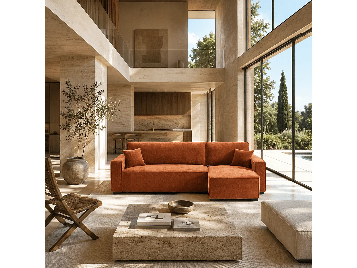 Canapé d'angle réversible convertible tissu 4 places terracotta ORYON