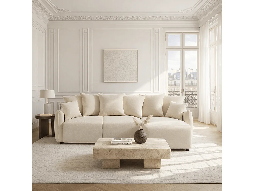 Canapé d'angle réversible convertible tissu 4 places beige LYORA