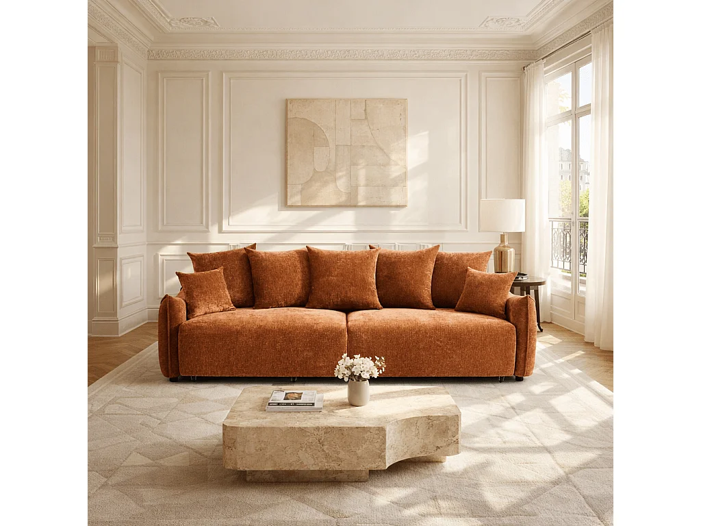 Canapé droit convertible tissu 3 places terracotta LYORA
