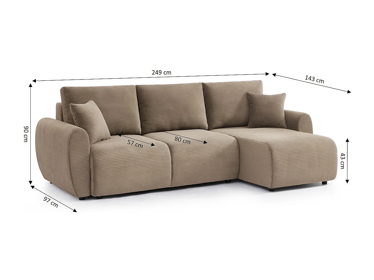 Canapé d'angle réversible convertible velours côtelé 4 places taupe KALYS