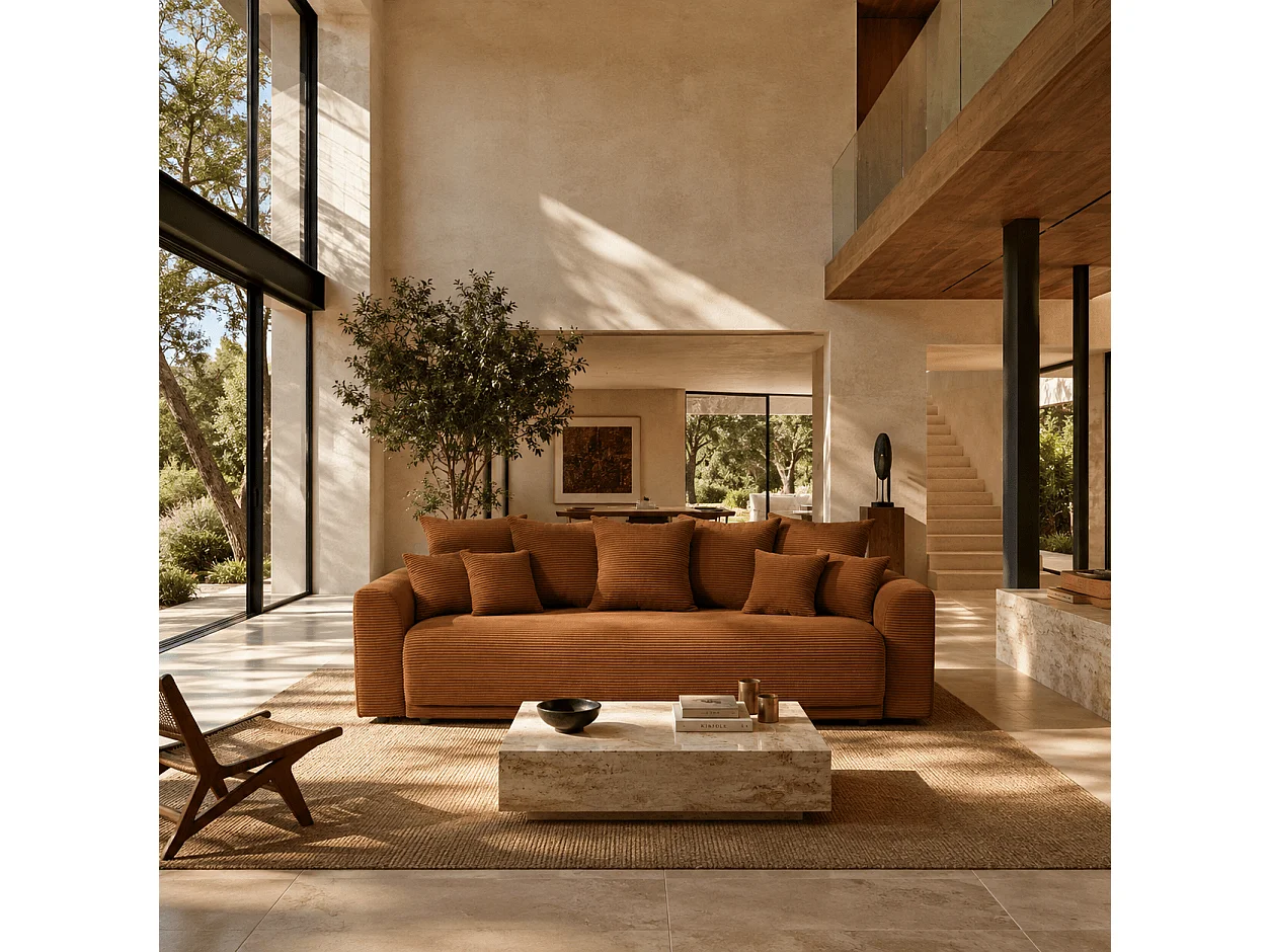 Canapé droit convertible velours 3 places terracotta ELVYN