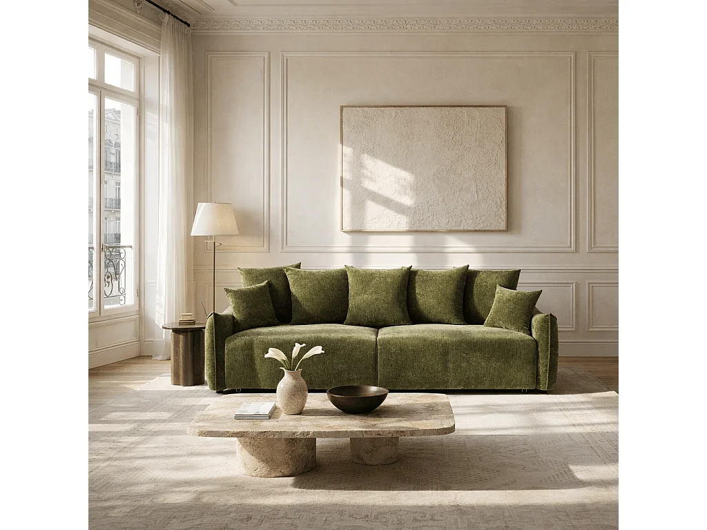 Canapé droit convertible tissu 3 places vert LYORA