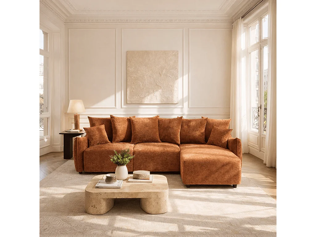 Canapé d'angle réversible convertible tissu 4 places terracotta LYORA