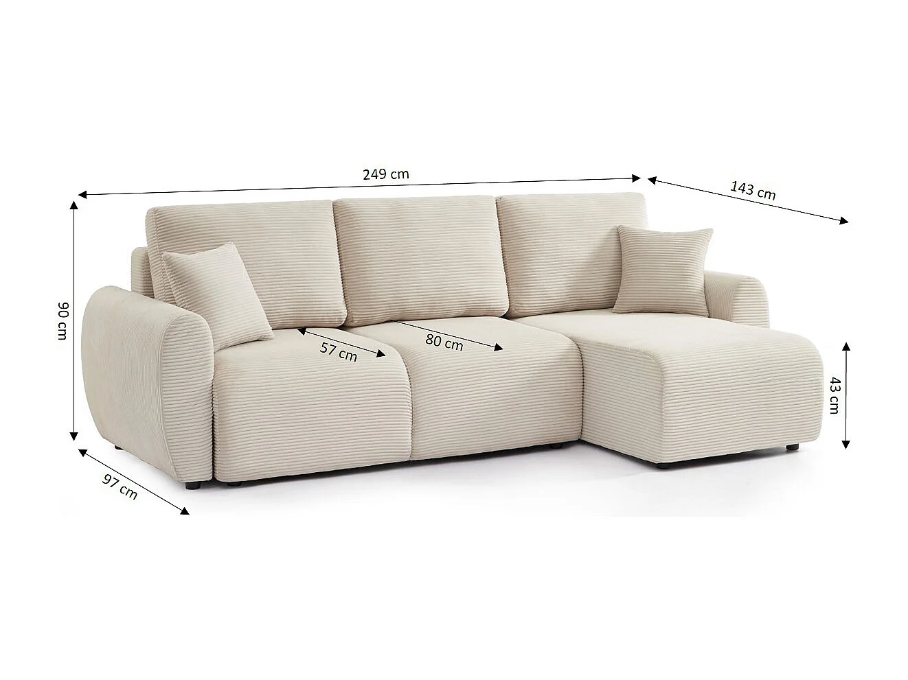 Canapé d'angle réversible convertible velours côtelé 4 places beige KALYS