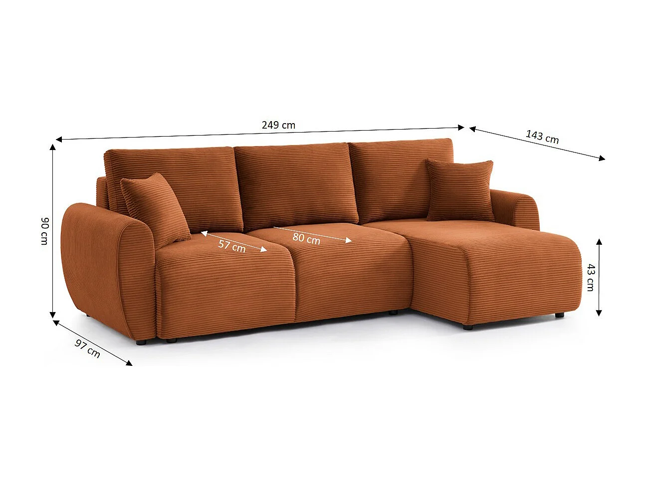 Canapé d'angle réversible convertible velours côtelé 4 places terracotta KALYS