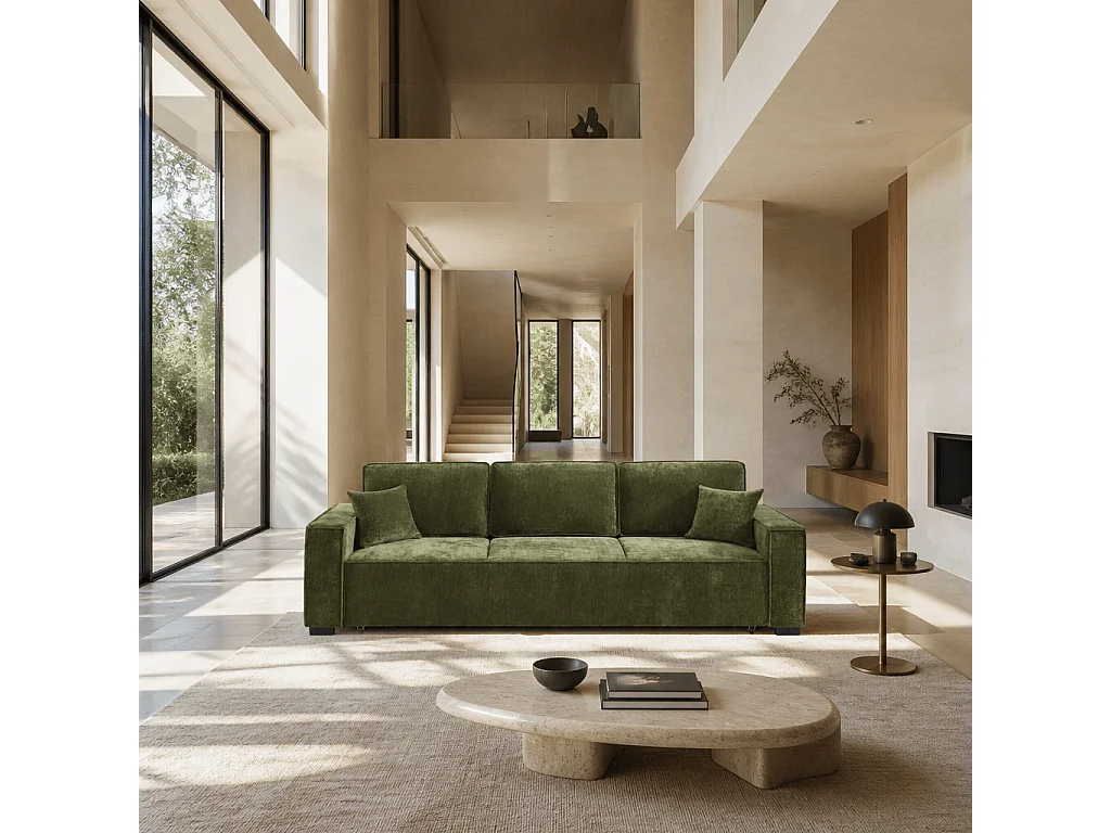 Canapé droit convertible tissu 3 places vert ORYON