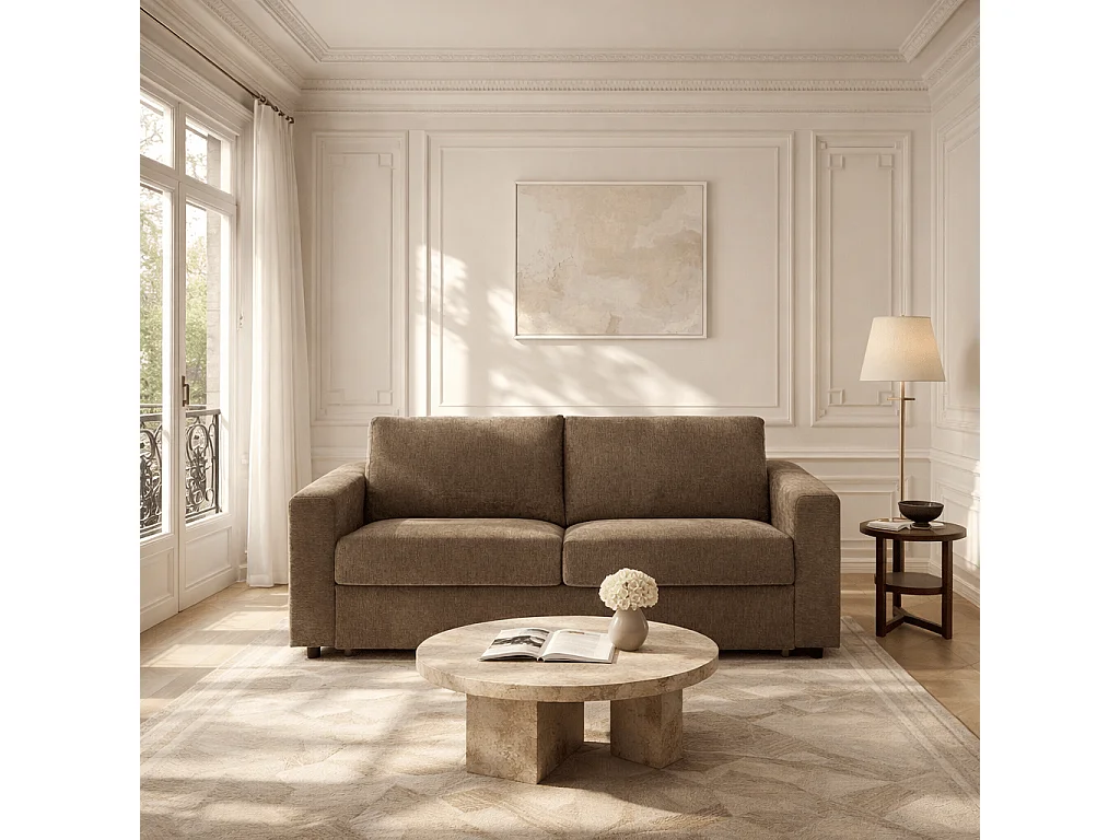 Canapé droit convertible tissu 3 places marron ZAYEN