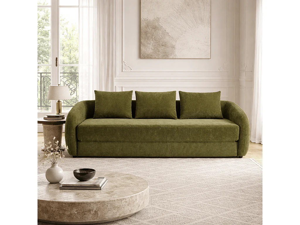 Canapé droit convertible tissu chenille 3 places vert VORIN