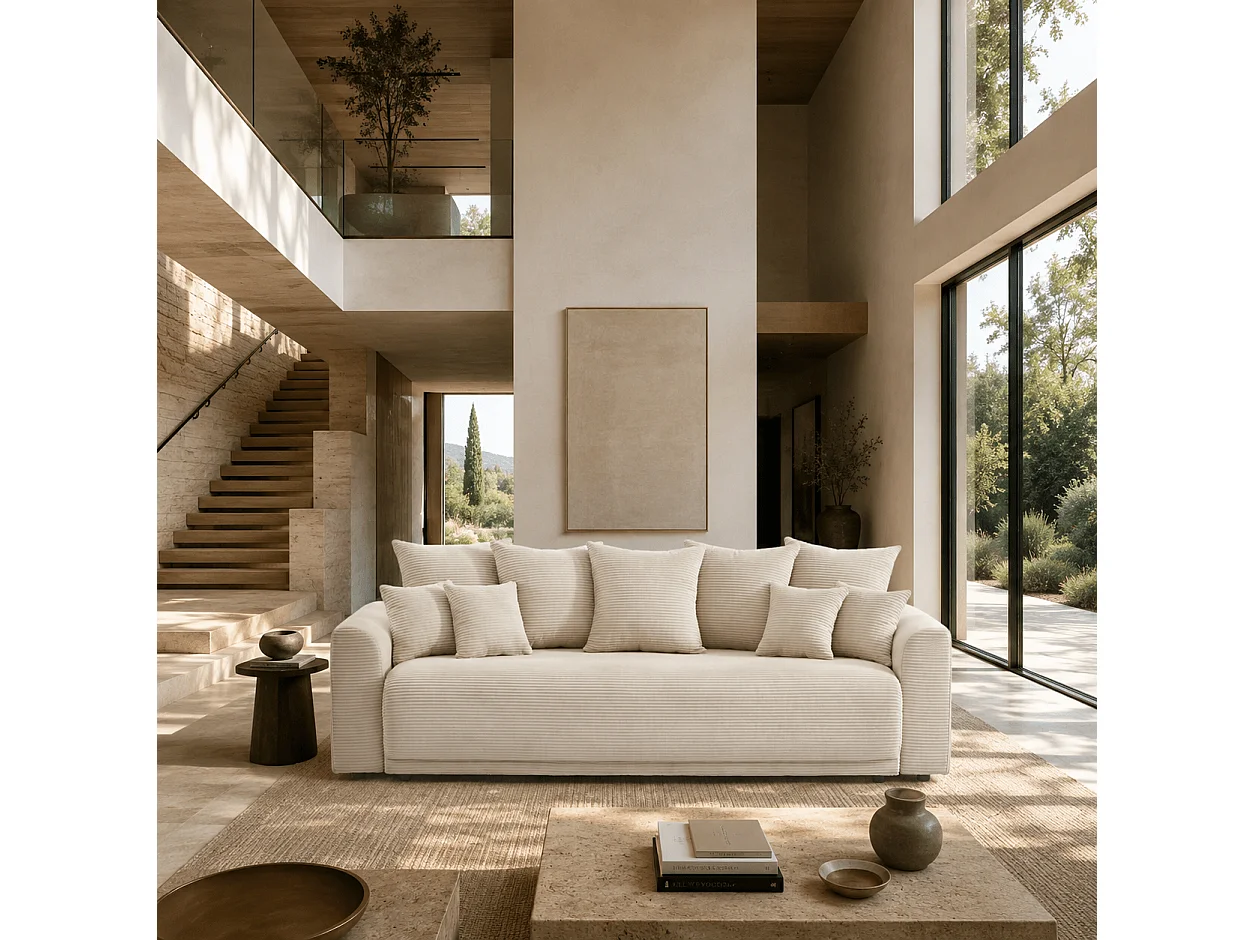 Canapé droit convertible velours 3 places beige ELVYN