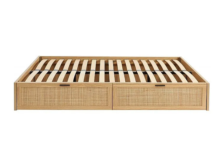 Cadre de lit à tiroirs effet chêne et cannage rotin 160x200 sommier inclus ZIRCON