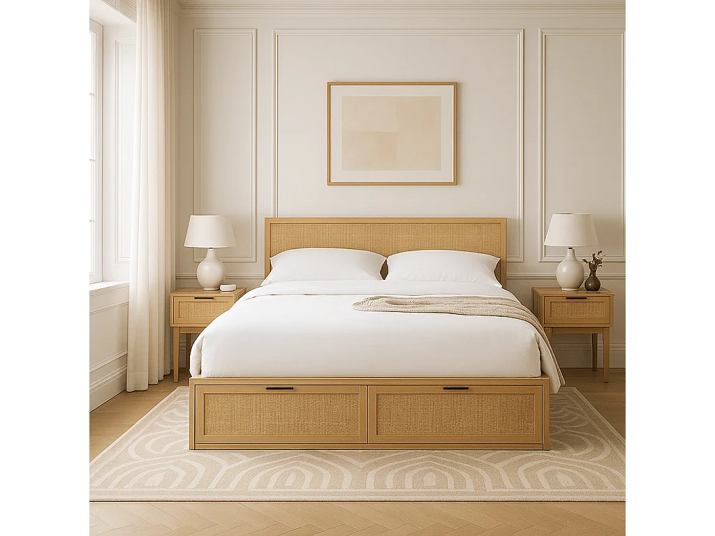 Lit à tiroirs cannage rotin 160x200 sommier inclus ZIRCON