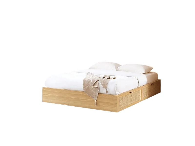 Cadre de lit à tiroirs effet chêne et cannage rotin 140x190 sommier inclus ZIRCON