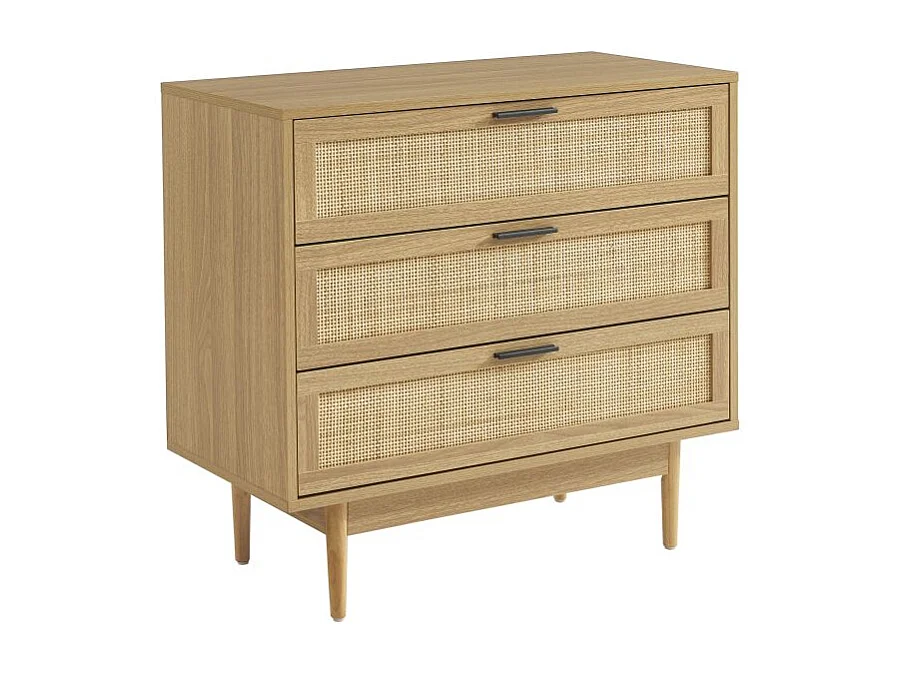 Commode effet chêne et cannage rotin 3 tiroirs ZIRCON