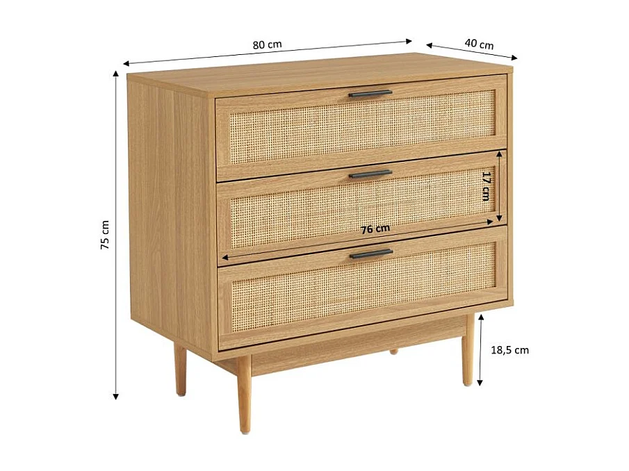 Commode effet chêne et cannage rotin 3 tiroirs ZIRCON