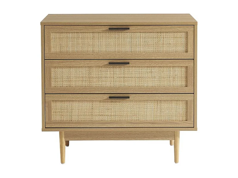 Commode effet chêne et cannage rotin 3 tiroirs ZIRCON
