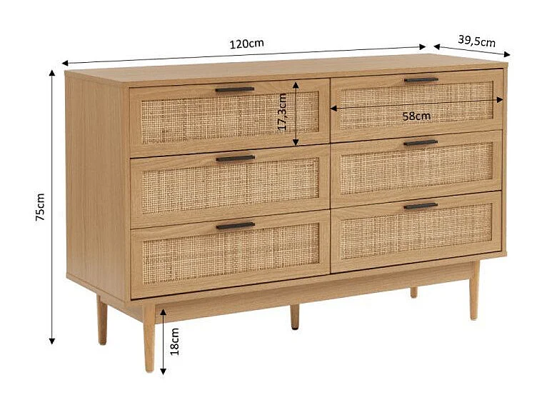 Commode effet chêne et cannage rotin 6 tiroirs ZIRCON