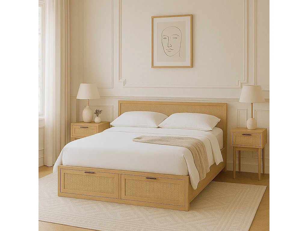 Lit à tiroirs cannage rotin 140x190 sommier inclus ZIRCON